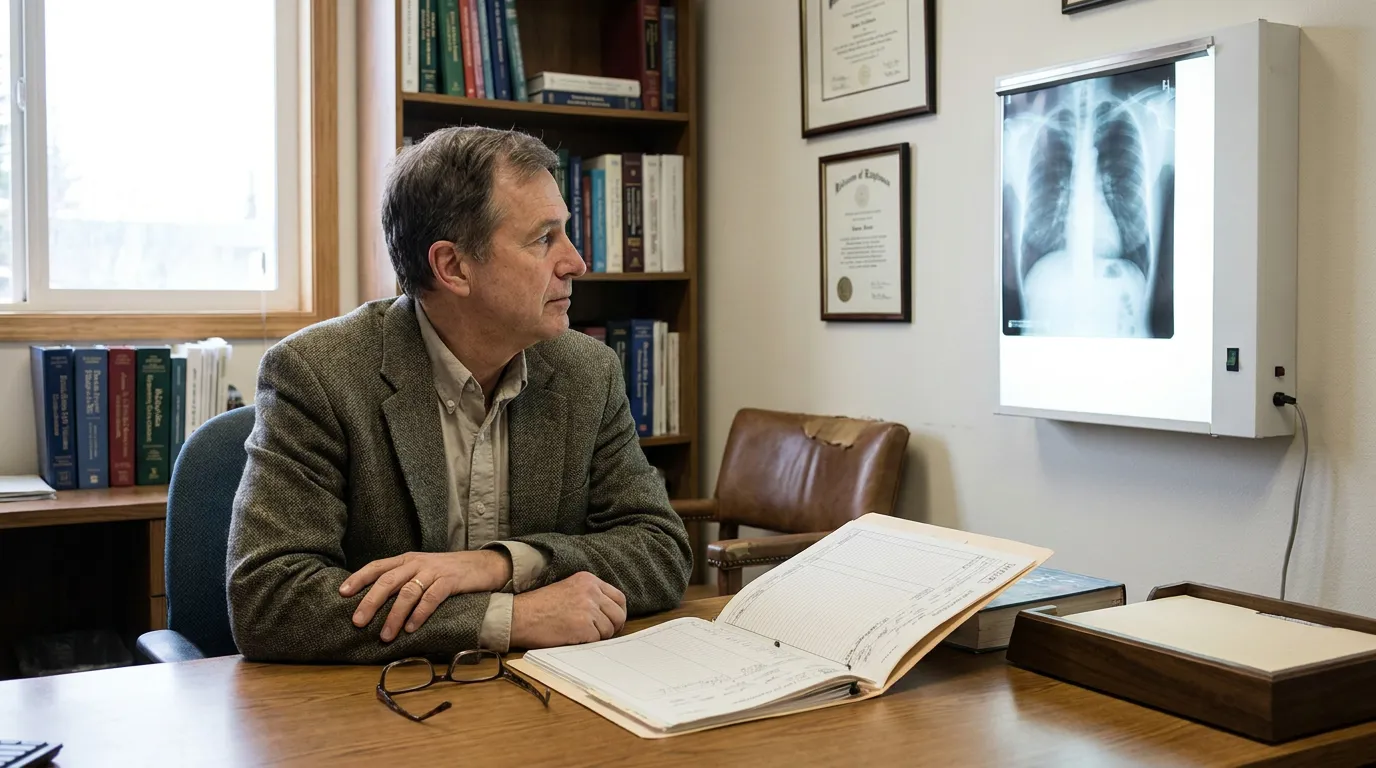 Alaska Expert Advisory Panel Malpractice Review medical expert reviewing chest X-ray on lightbox beside open patient records at desk