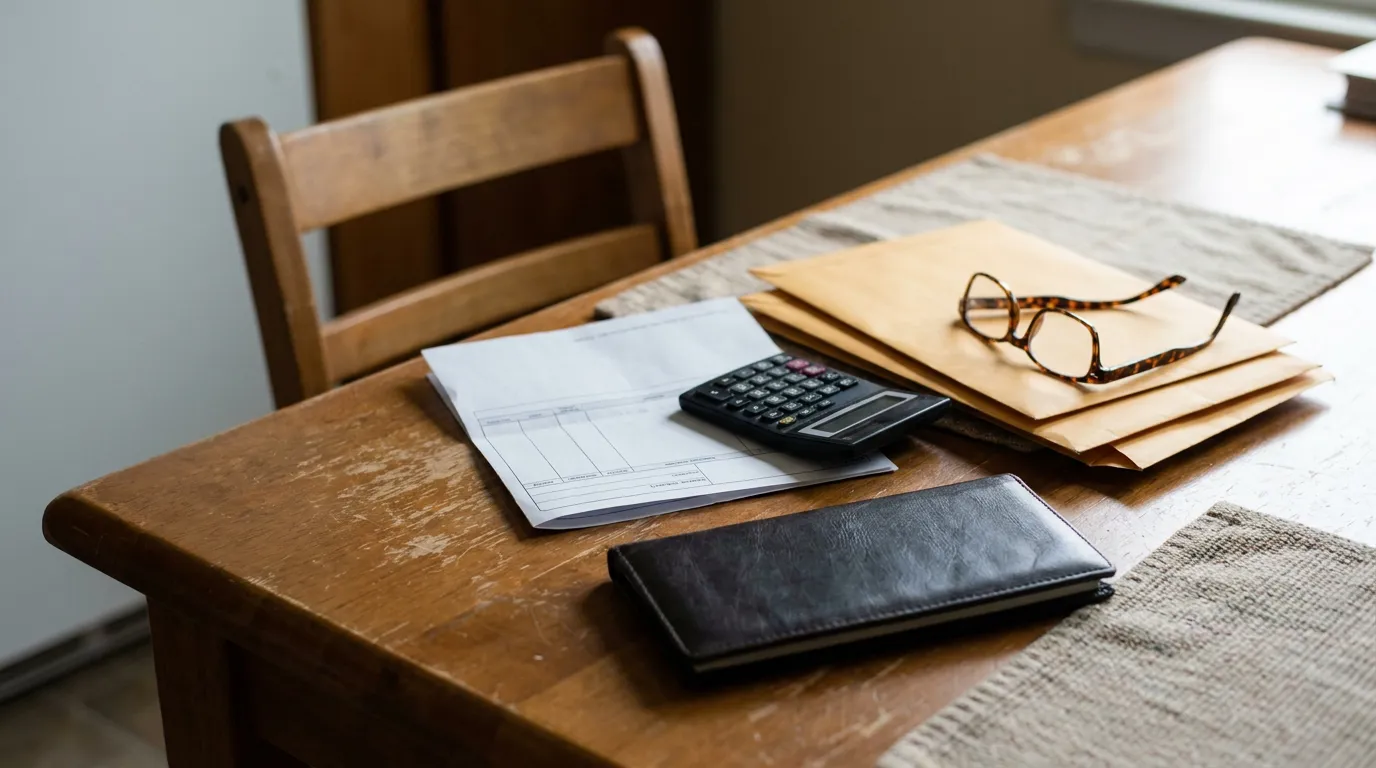 Memphis Wrongful Death Damages Calculation Documents wooden desk with financial documents, calculator, envelopes, glasses, and wallet
