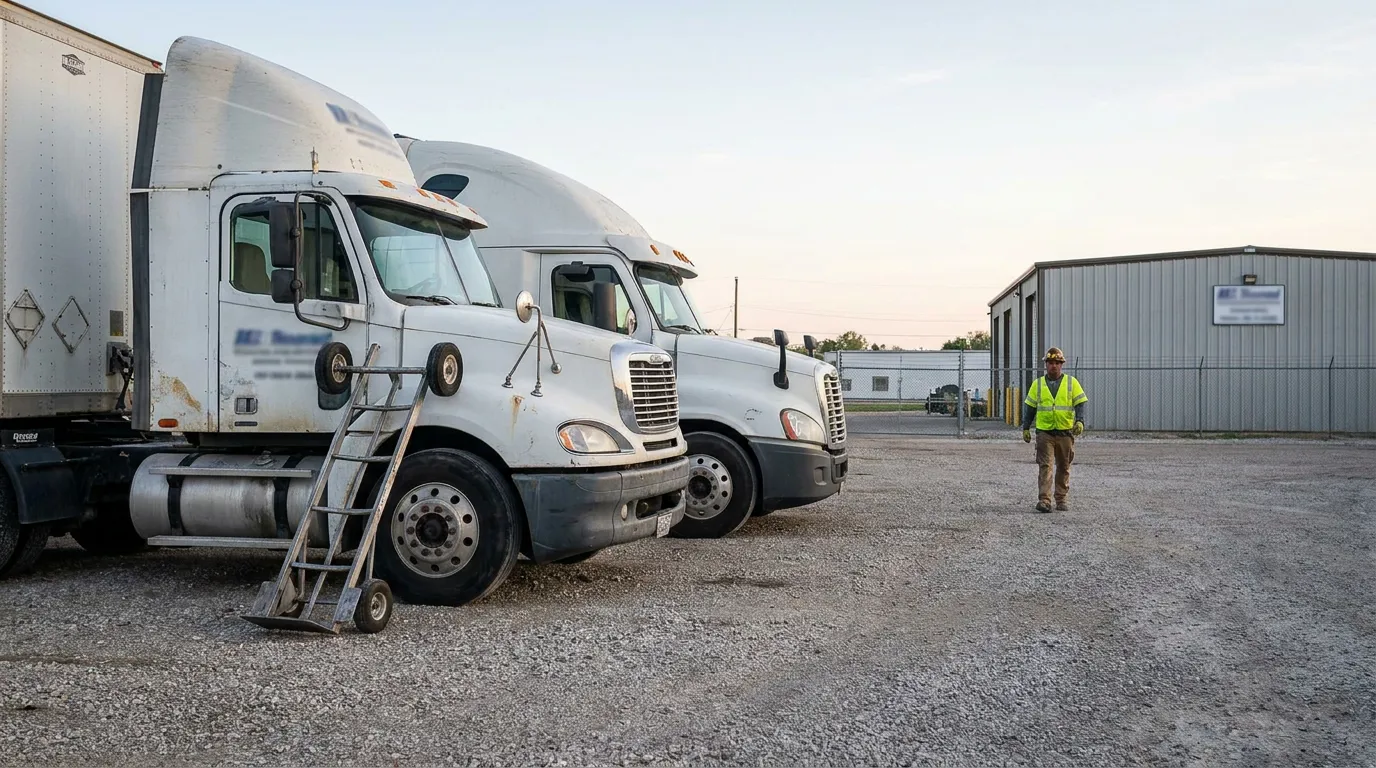 Trucking Company Yard In Decatur Alabama worker in safety vest walking beside parked semi-trucks at commercial trucking yard