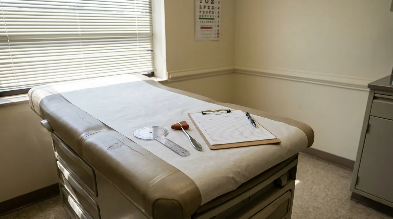 Tupelo Independent Medical Exam Room Setup medical examination table with reflex hammer, goniometer, and clipboard in clinic room