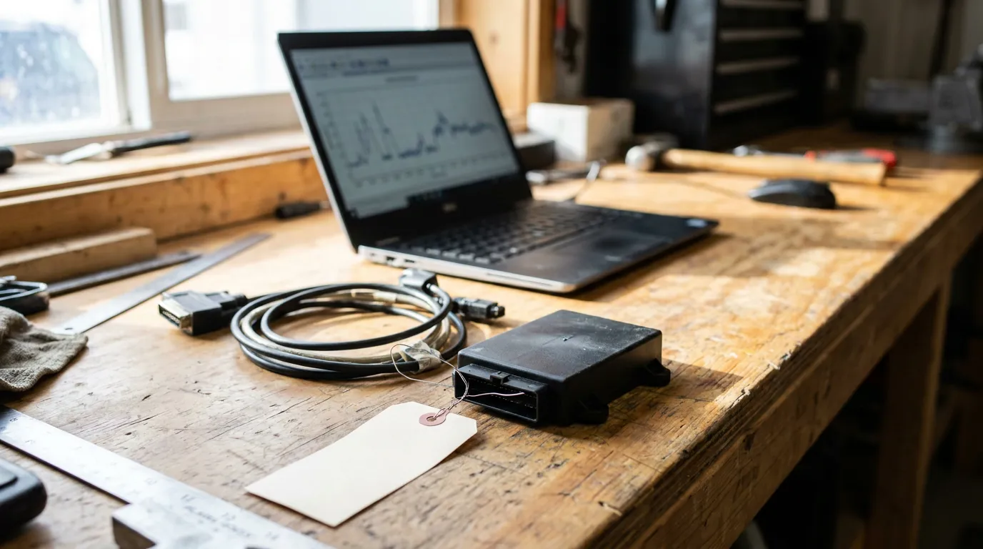 Event Data Recorder Analysis Alaska Car Accident Claim vehicle ECU module with diagnostic cable and laptop on workshop workbench