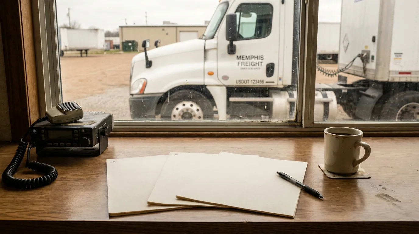 Memphis Freight Truck Statutory Employee Doctrine Documents Memphis Freight USDOT truck visible through dispatch office window with documents and radio