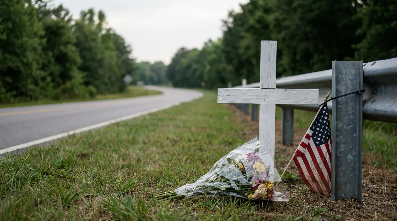 Roadside Memorial Decatur Alabama Traffic Fatality roadside memorial cross with flowers and American flag beside guardrail