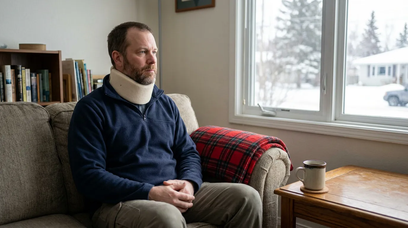 Man Recovering From Neck Injury In Anchorage Alaska man wearing cervical neck brace seated on sofa gazing out window