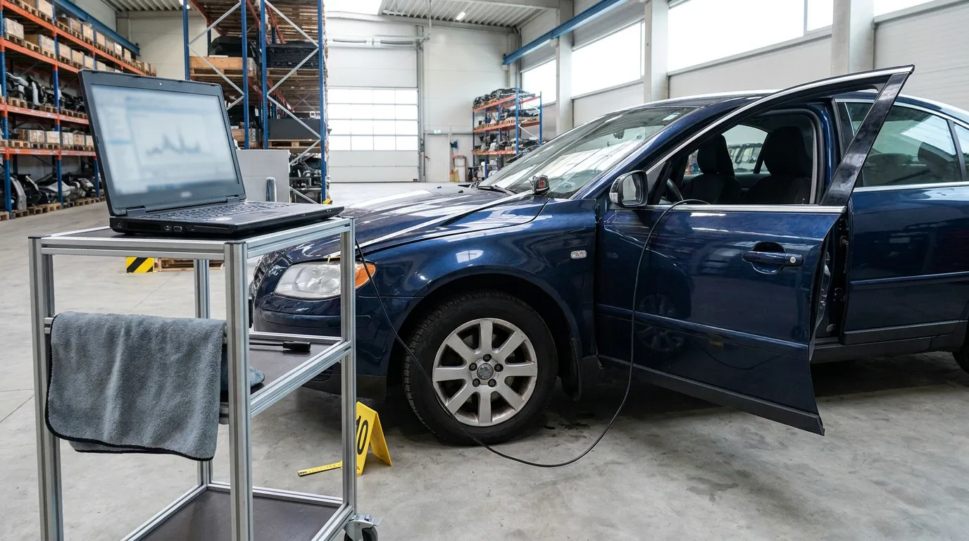 Decatur Accident Reconstruction Expert Analyzing Crash Vehicle sedan connected to diagnostic laptop via cable inside automotive inspection facility