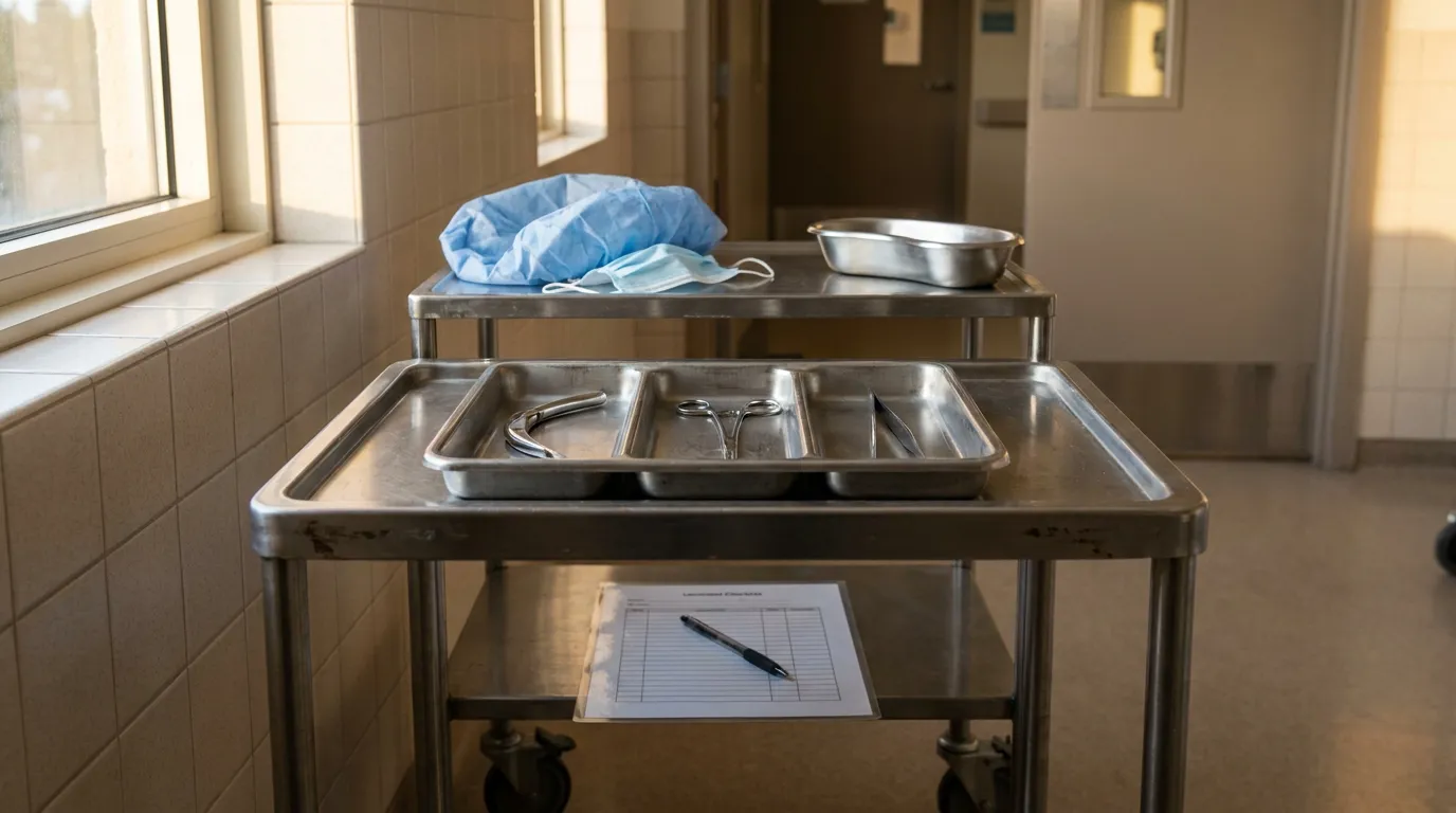 Surgical Tools Cart Alaska Malpractice Claim medical procedure cart with surgical instruments, mask, and laceration checklist form