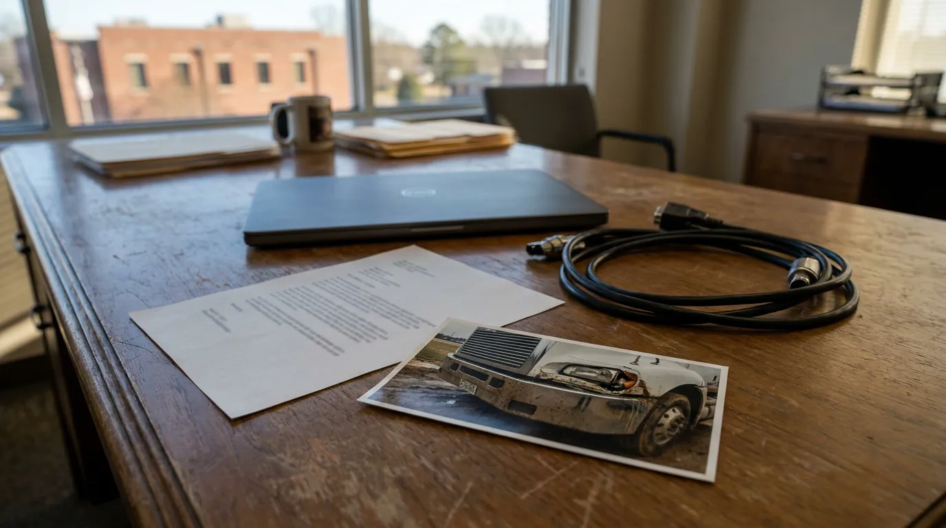 Spoliation Letter Columbus MS Truck Accident Attorney Desk legal document and truck accident photo on attorney office desk with laptop