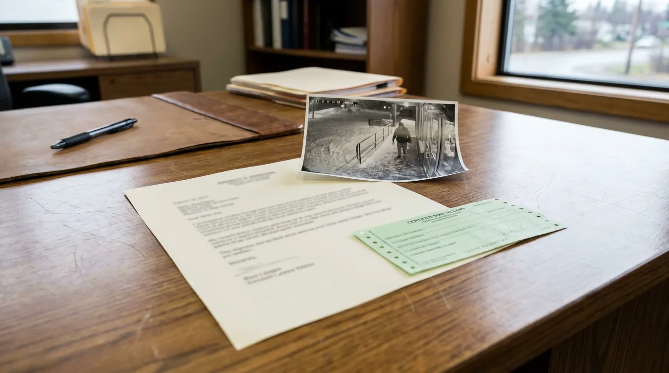 Alaska Spoliation Letter With Surveillance Footage Evidence legal letter, certified mail receipt, and surveillance photo on law office desk