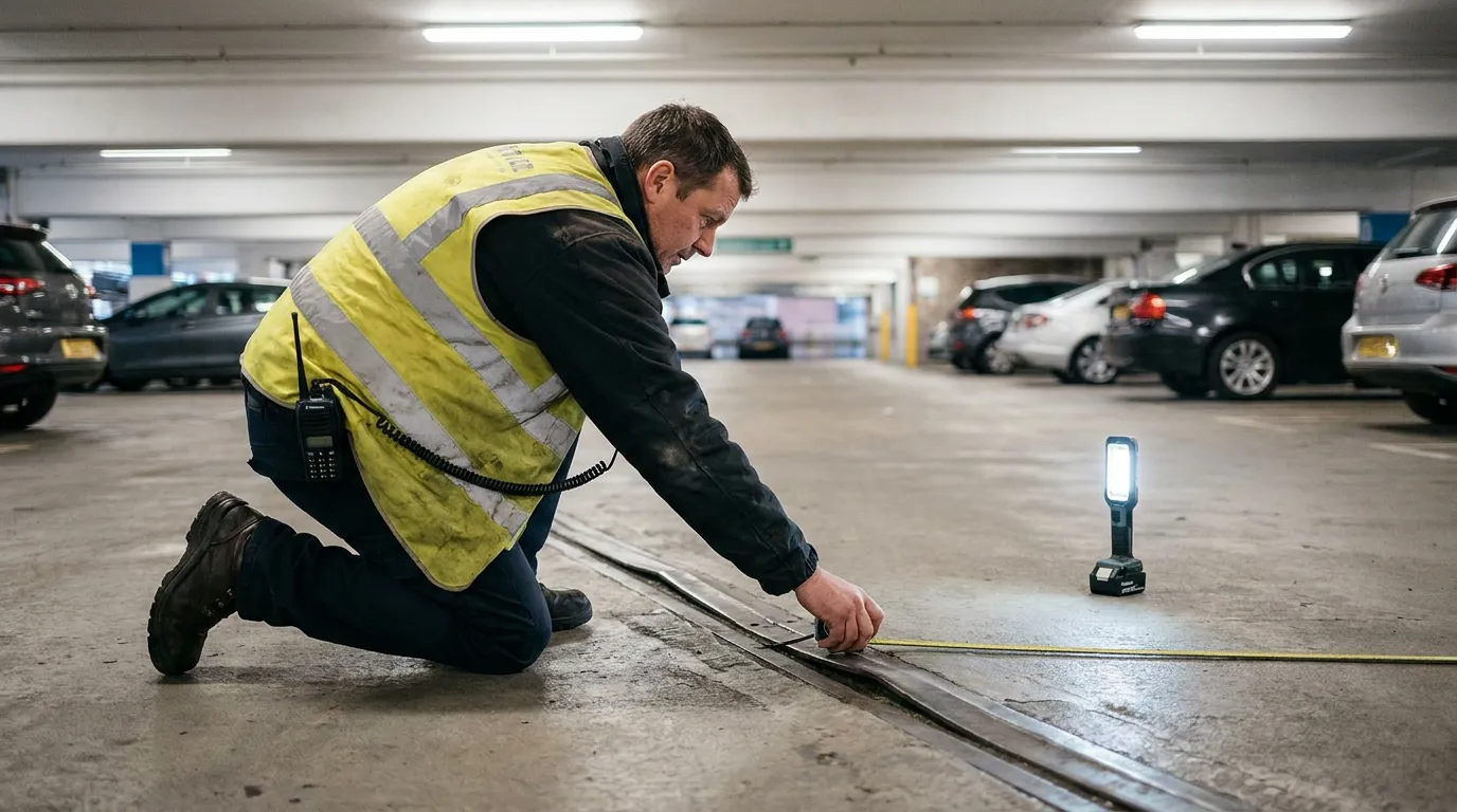 Anchorage Parking Garage Hazard Inspection safety vest worker measuring raised floor strip in parking garage with work light