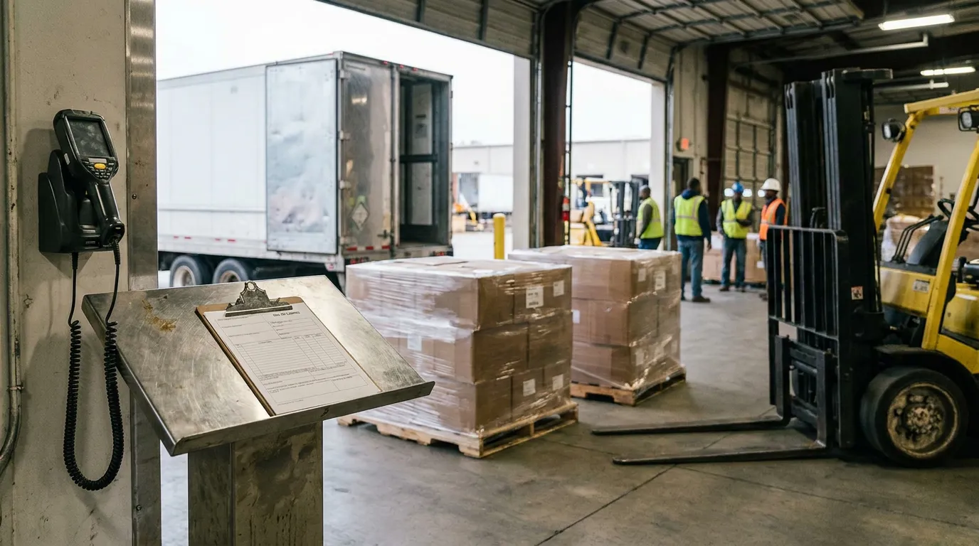 Memphis Freight Broker Warehouse Loading Dock warehouse loading dock with forklift, palletized cargo, workers, and clipboard form