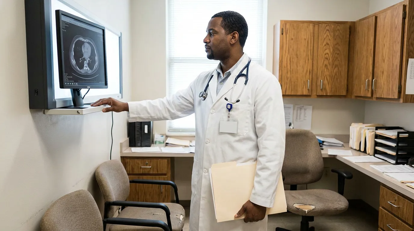 Doctor Reviewing Internal Injury Scan Jackson MS physician with stethoscope reviewing CT scan on monitor while holding patient folder