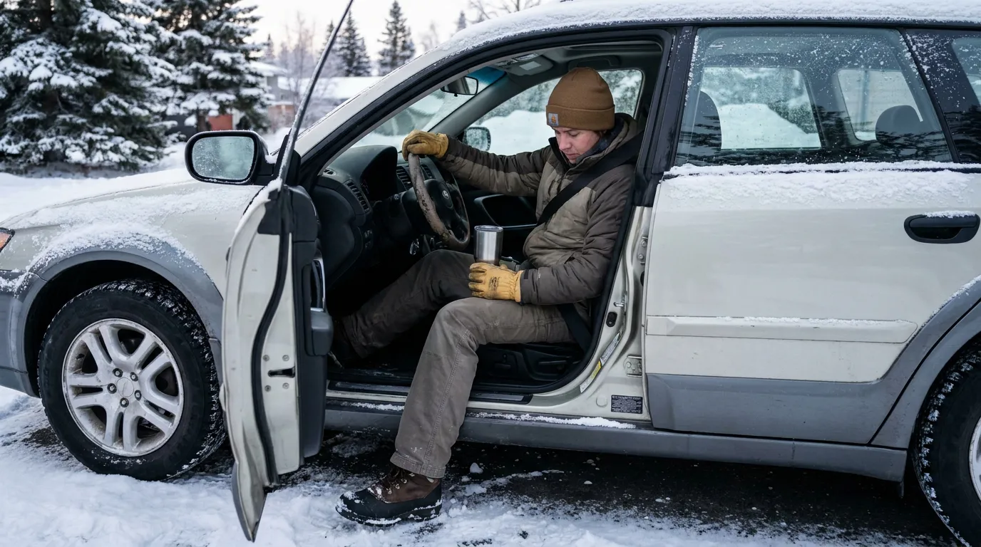Driver Wearing Seat Belt In Snowy Alaska man in winter gear sitting in snow-covered vehicle with open door holding thermos