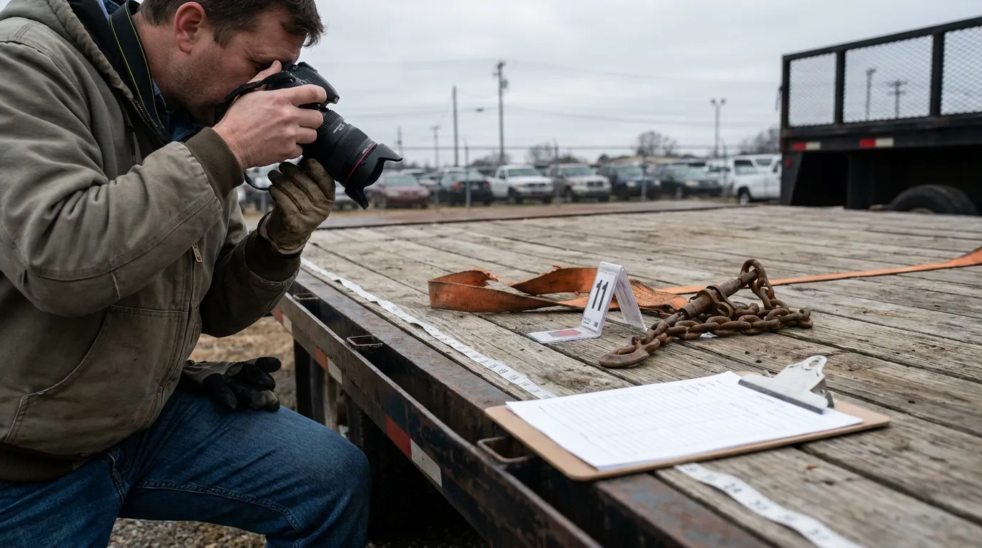 Jackson Truck Crash Cargo Securement Evidence Photography investigator photographing numbered evidence marker chain and strap on flatbed trailer