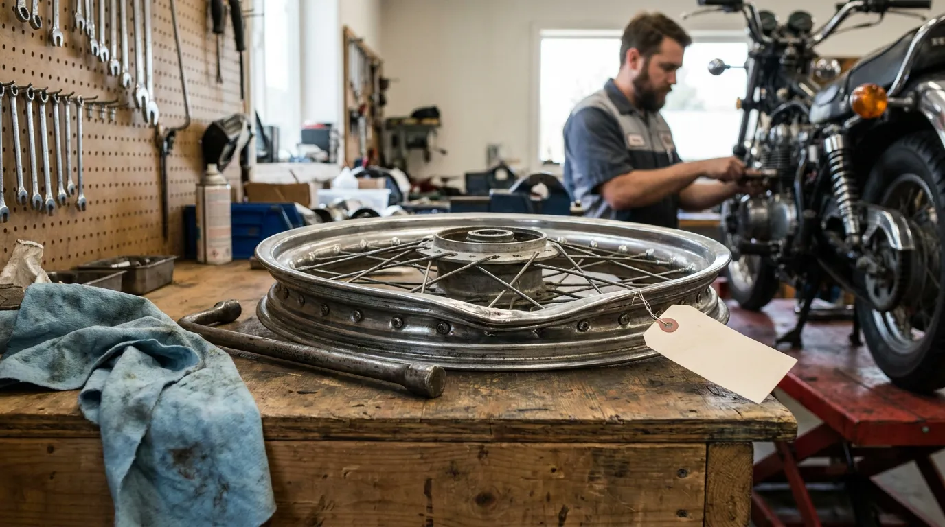 Indianapolis Motorcycle Wheel Repair After Pothole Damage motorcycle wheel rim with tag on workbench mechanic repairing motorcycle in background