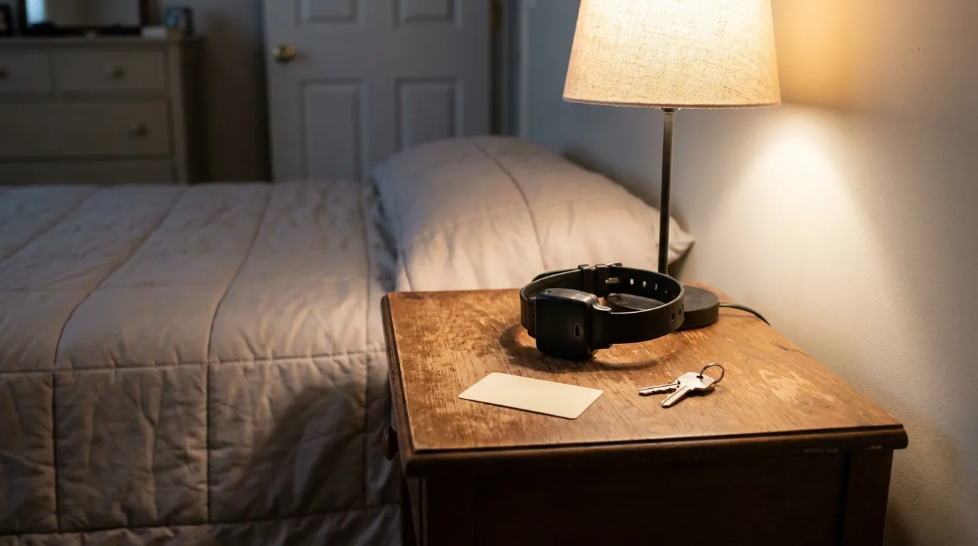 Electronic Monitoring Ankle Bracelet Illinois Home Confinement smartwatch, keys, and card on wooden nightstand beside lamp and bed