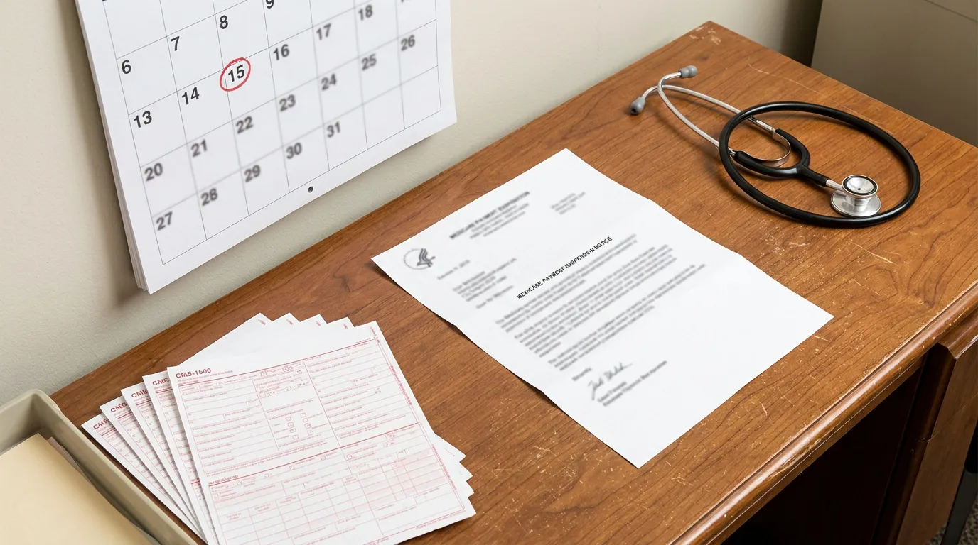 Medicare Payment Suspension Notice With 15 Day Deadline CMS-1500 claim forms, Medicare payment suspension notice, stethoscope, and calendar on desk