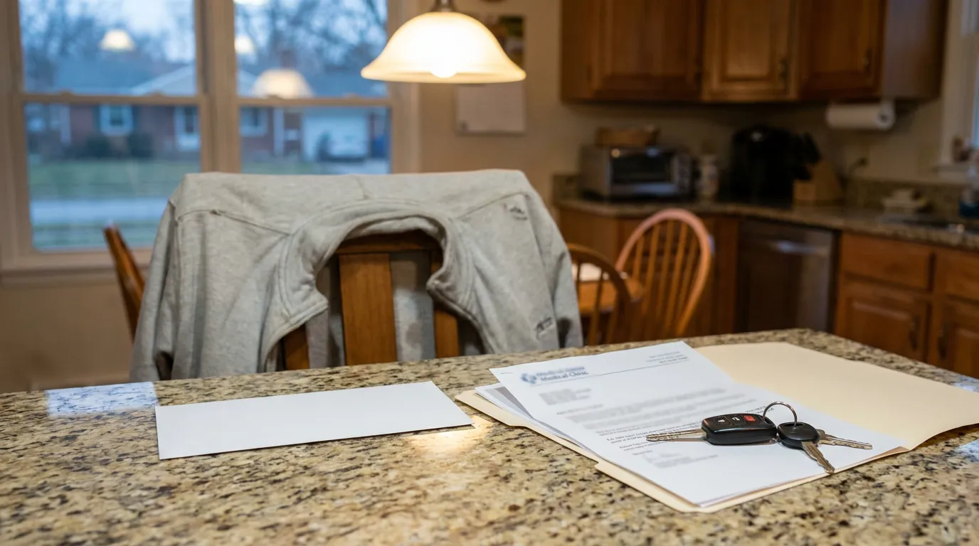 medical clinic documents and car keys resting on kitchen counter at home