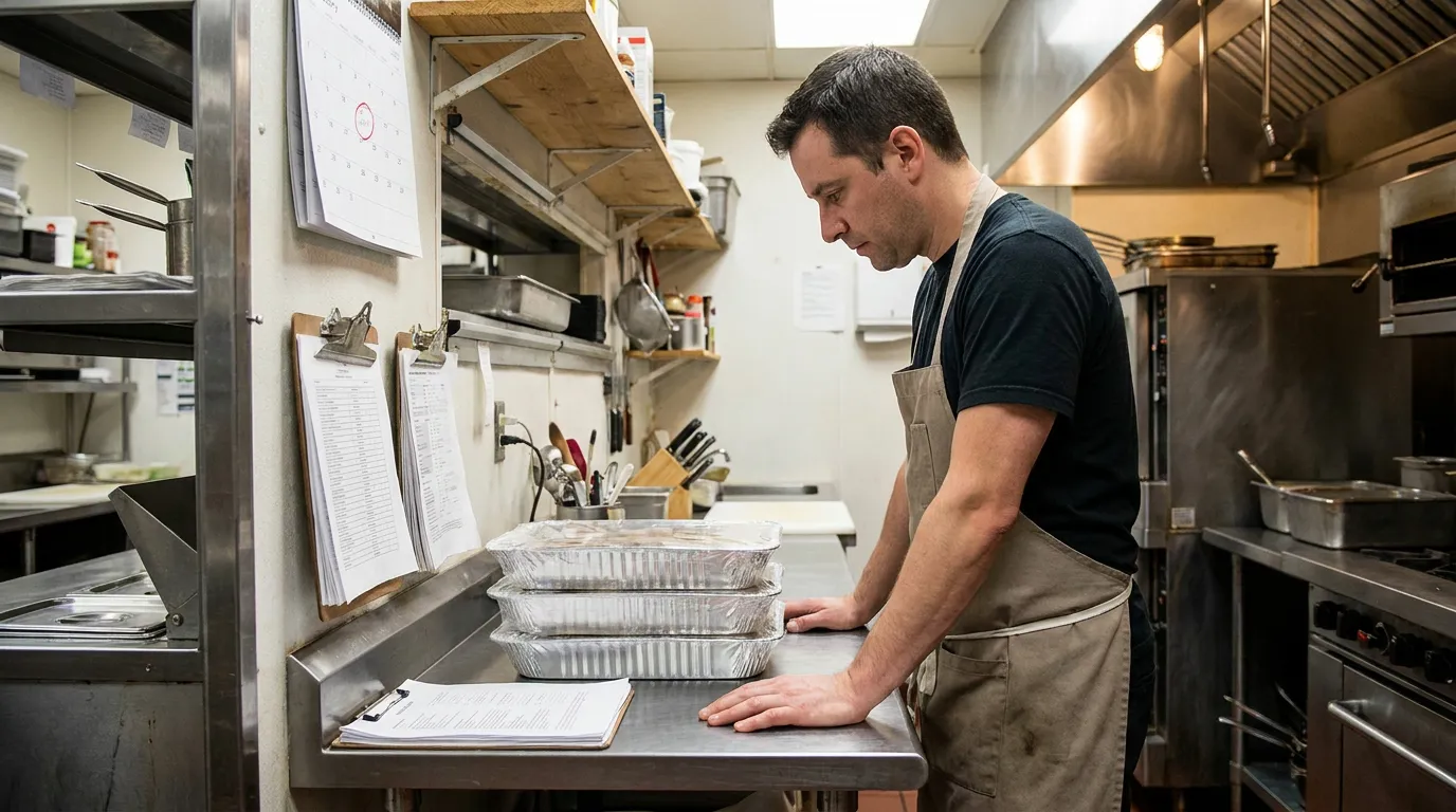 Illinois Restaurant Owner Reviewing Business Contract Documents apron-wearing kitchen worker reviewing clipboard documents beside stacked aluminum trays
