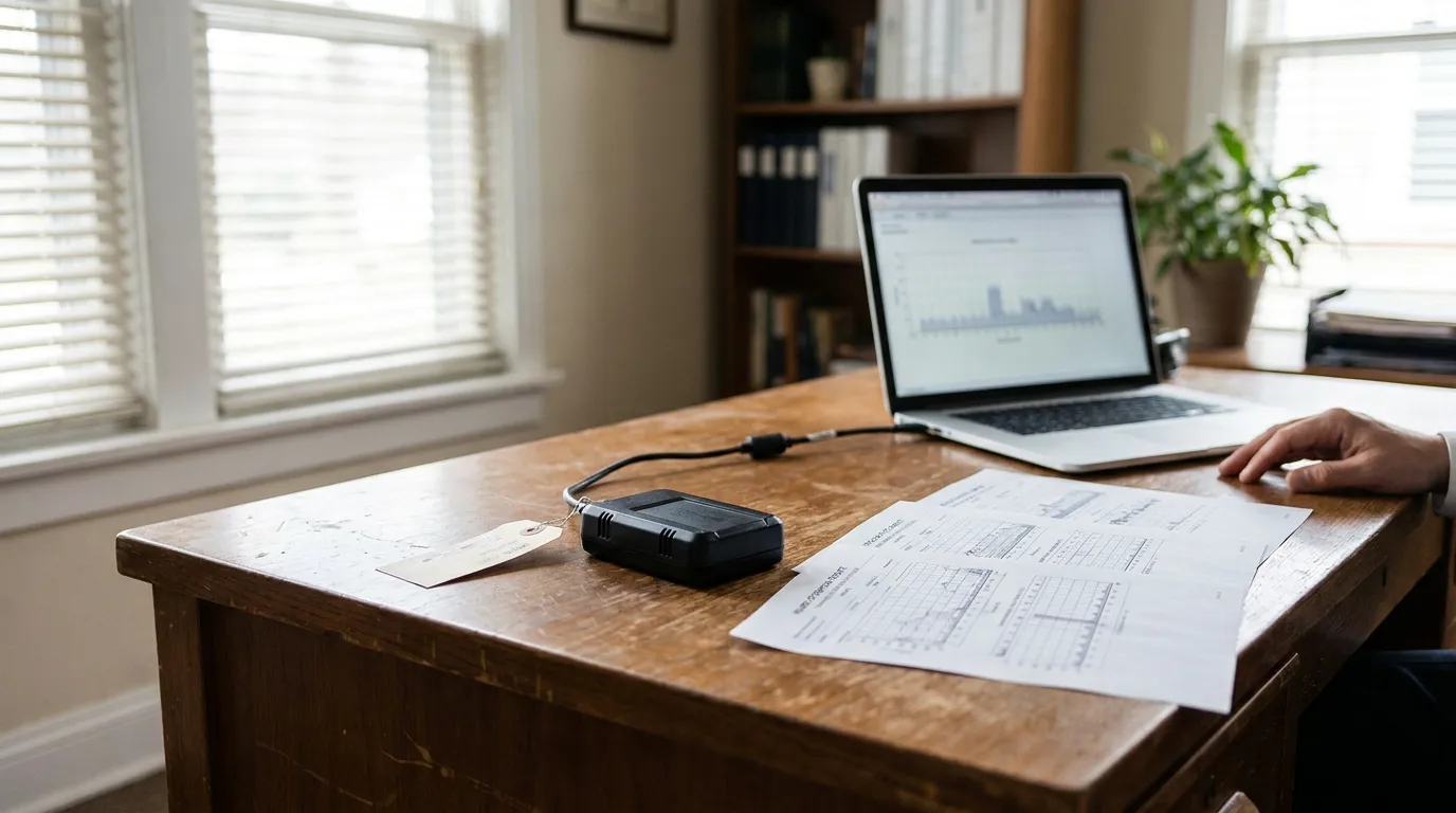 Indianapolis Attorney Reviewing Truck ELD Data GPS tracking device with tag resting on wooden desk beside printed documents and open laptop