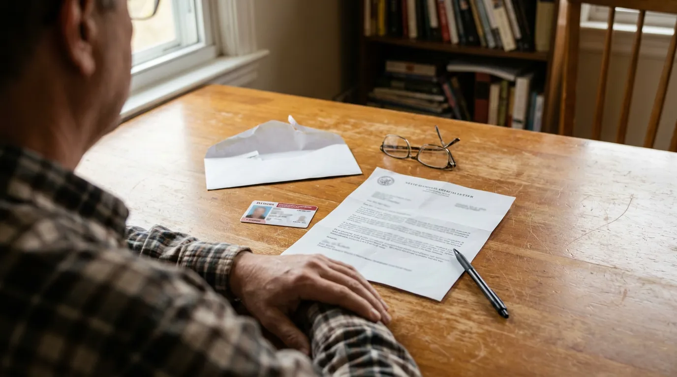 Illinois Man Reading Foid Revocation Letter person reviewing official letter on desk beside ID card and open envelope
