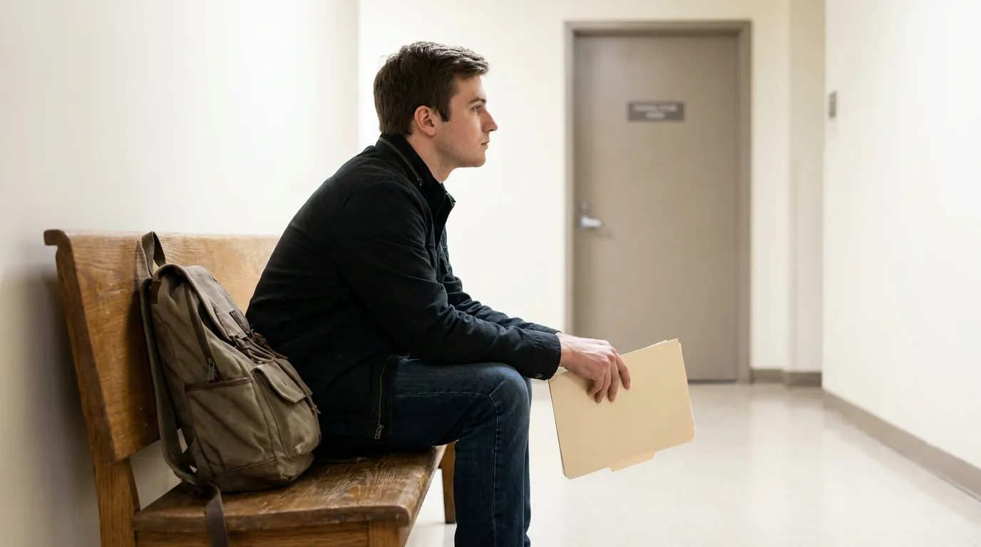 Student Waiting Outside College Disciplinary Hearing Room man seated on bench in hallway holding manila folder with backpack beside him