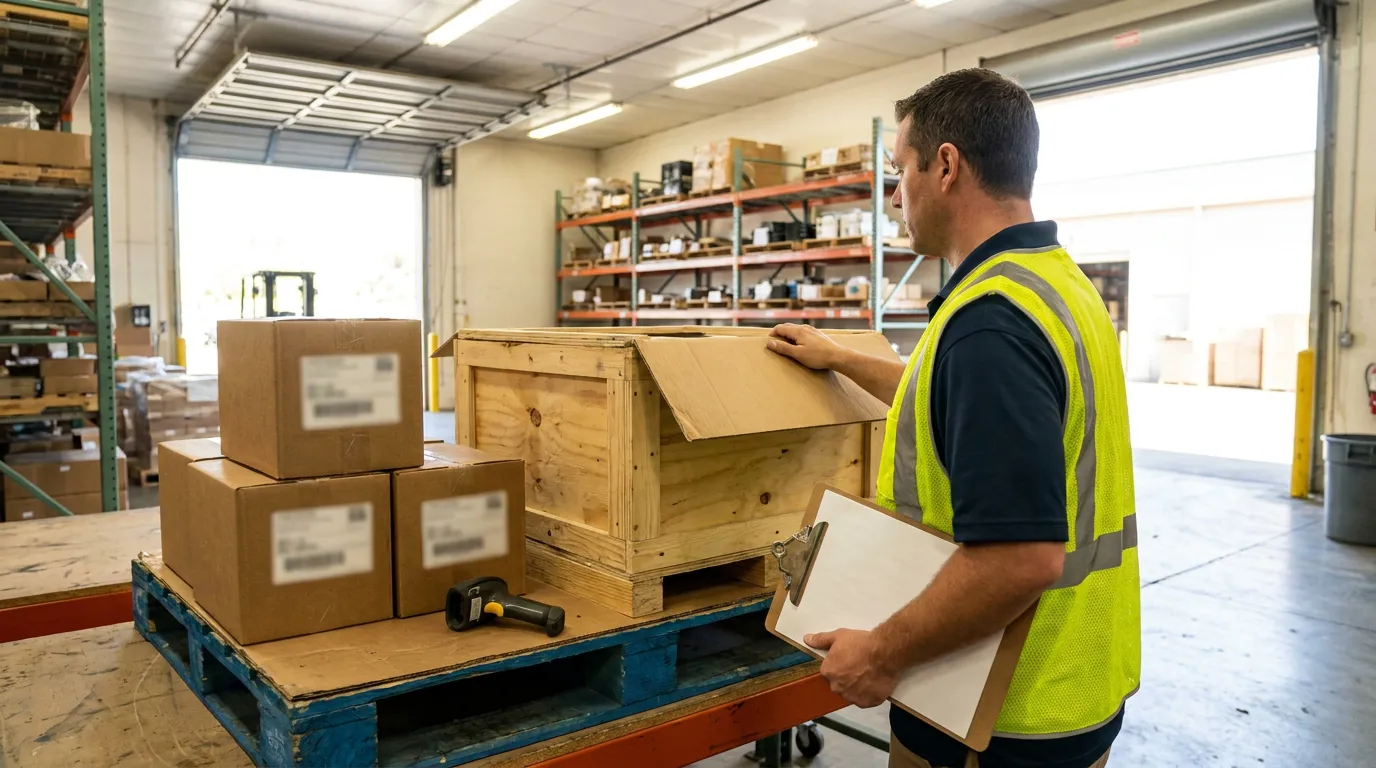 Illinois Warehouse Worker Inspecting Shipment Fraud Evidence warehouse worker in safety vest inspecting wooden crate holding clipboard