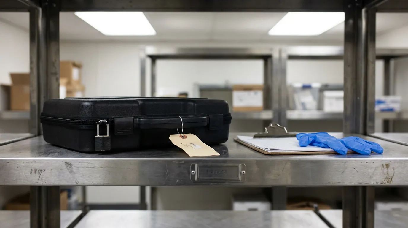 Illinois Armed Robbery Evidence Storage Shelf locked evidence case with tag, clipboard, and latex gloves on metal shelf