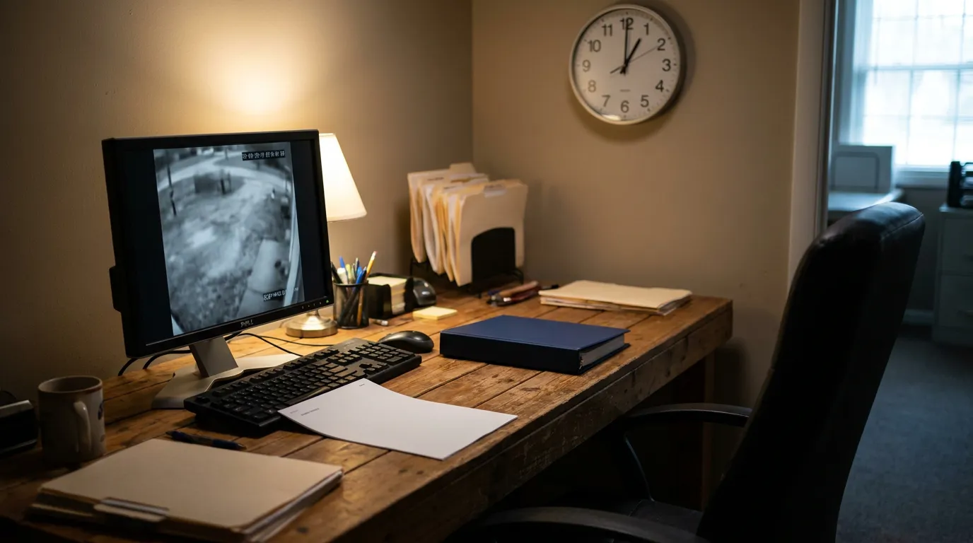Indianapolis Slip And Fall Evidence Review Desk office desk with monitor displaying surveillance footage, files, and wall clock