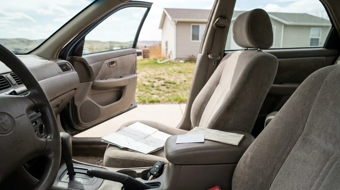 car interior with open door, map, documents, and keys on seat