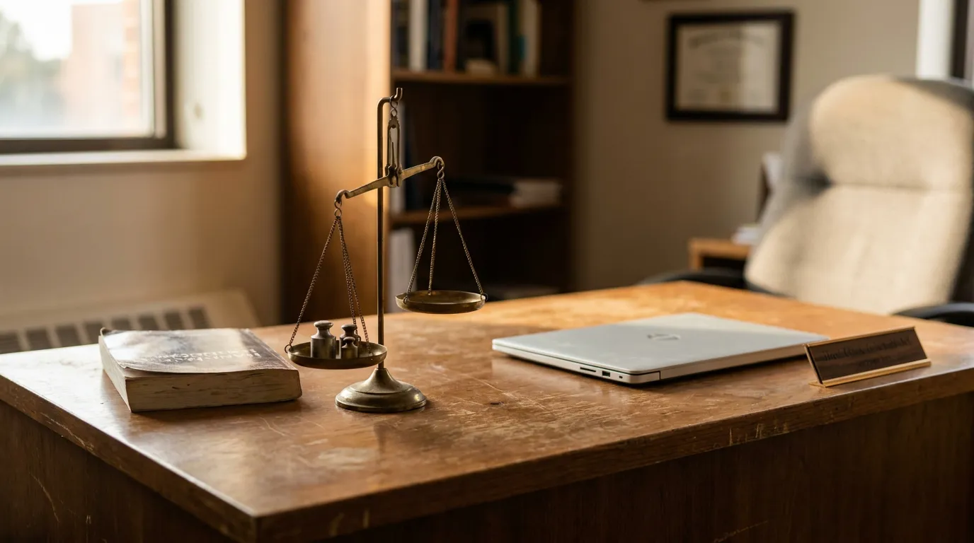Scales Of Justice Campus Disciplinary Hearing Desk scales of justice, legal book, laptop, and nameplate on attorney's desk