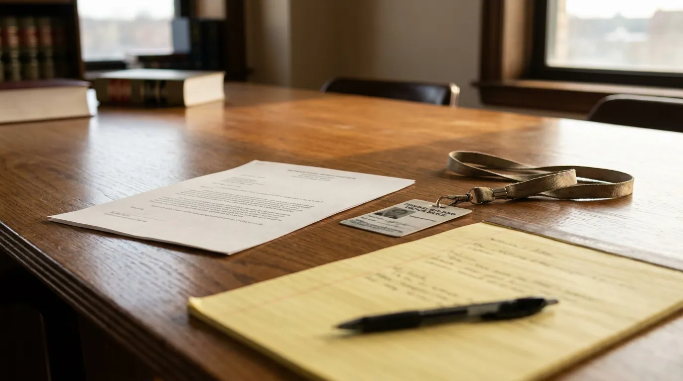 Illinois Federal Proffer Agreement Document On Attorney Desk legal documents, ID badge with lanyard, and pen on wooden conference table