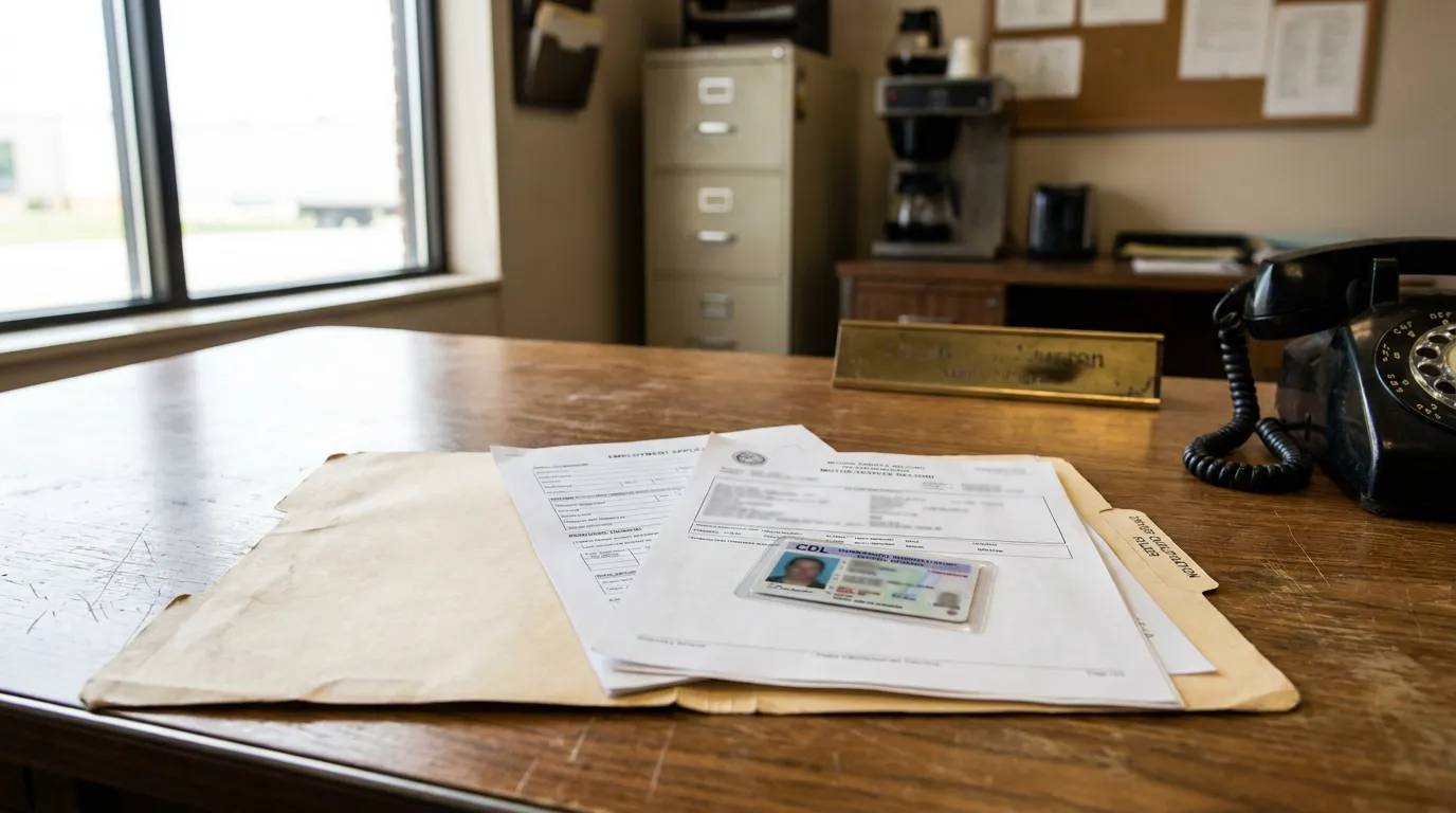 employment application folder with CDL identification card on office desk