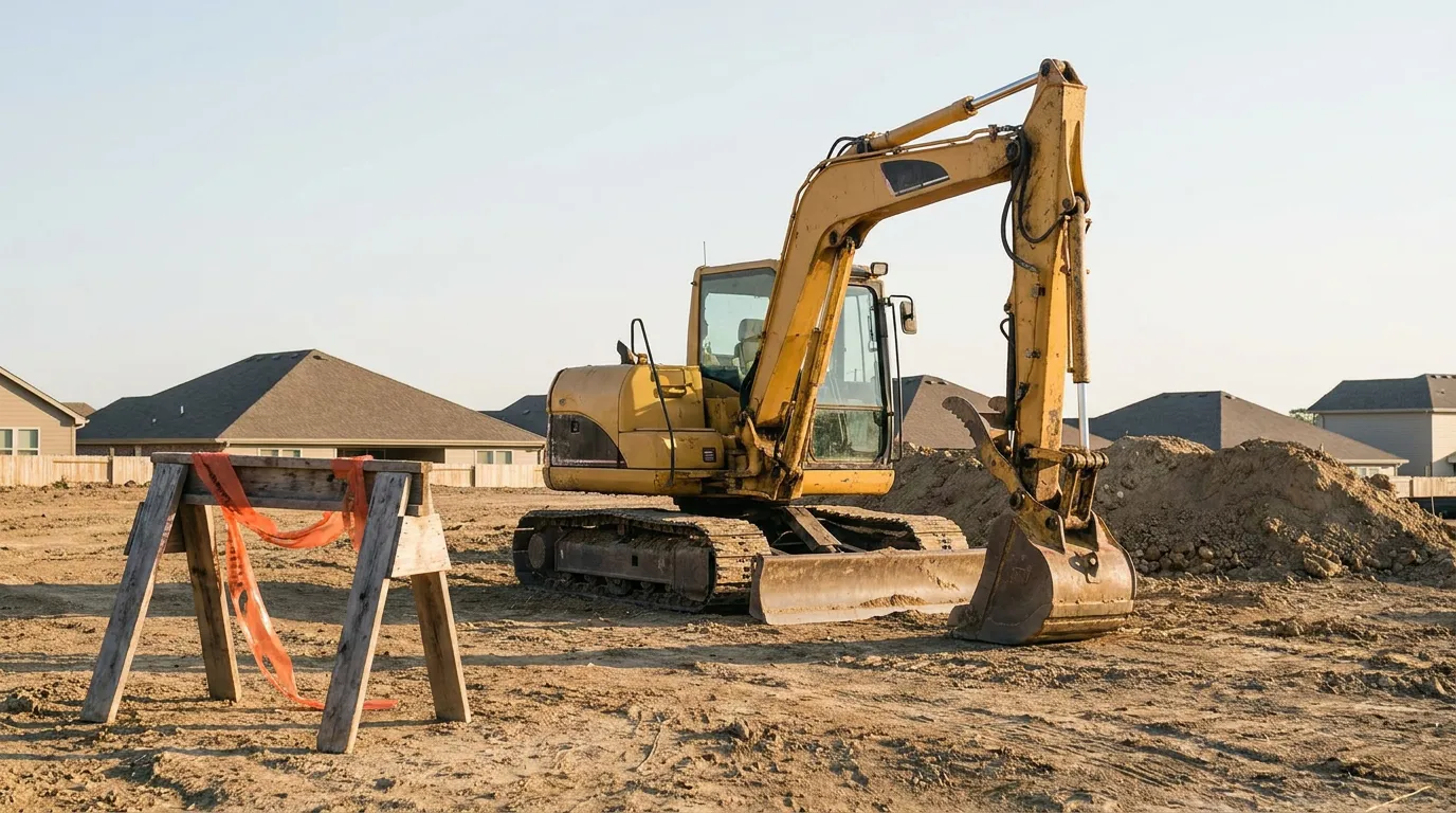 Construction Site Attractive Nuisance Indianapolis Indiana excavator parked on dirt construction site near residential homes and sawhorse barrier