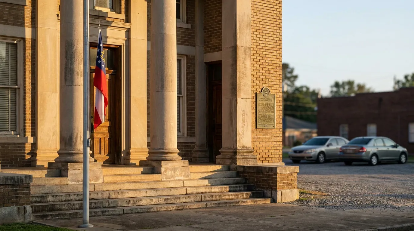Georgia Courthouse Entrance Atlanta DUI Lawsuit Georgia state flag displayed at brick courthouse entrance with stone columns and historical marker
