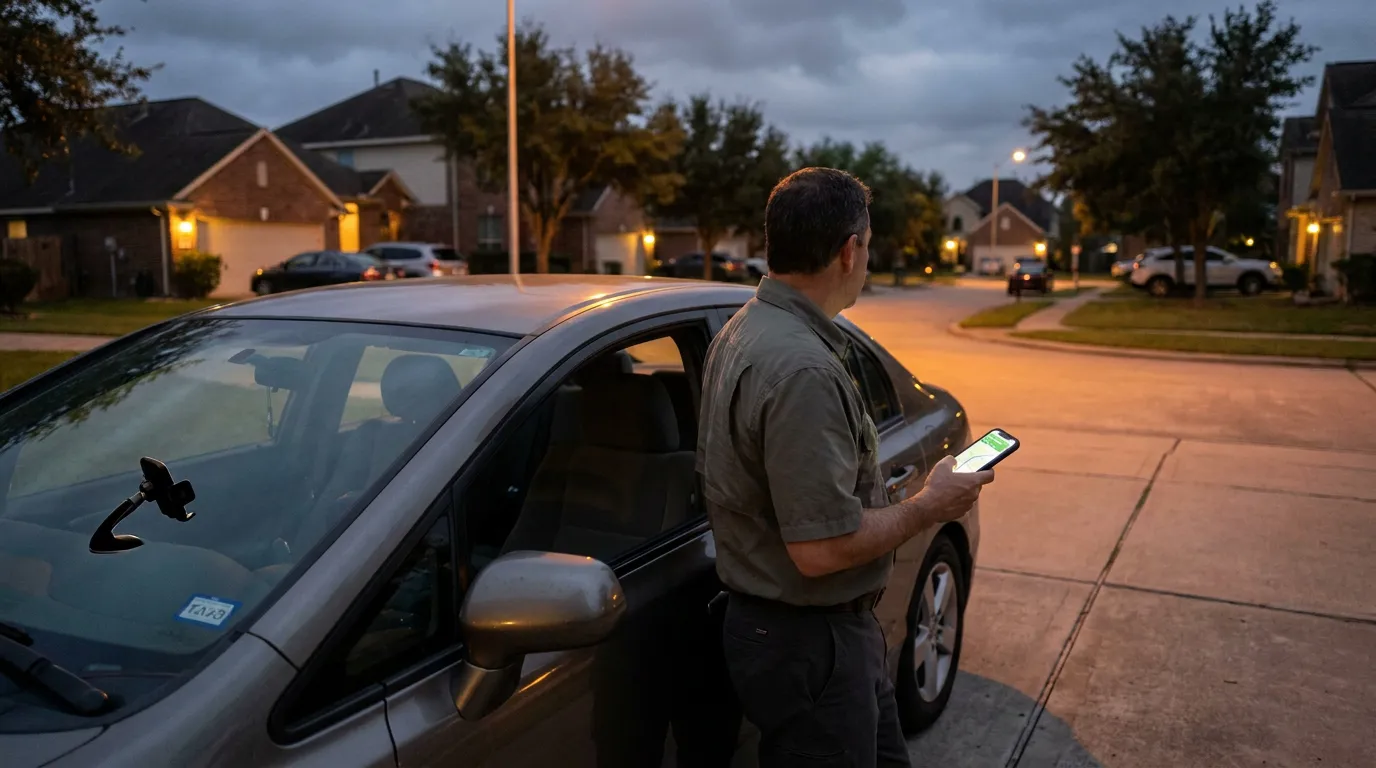 Houston Uber Driver Checking Rideshare App rideshare driver standing beside sedan holding illuminated smartphone in residential neighborhood at dusk