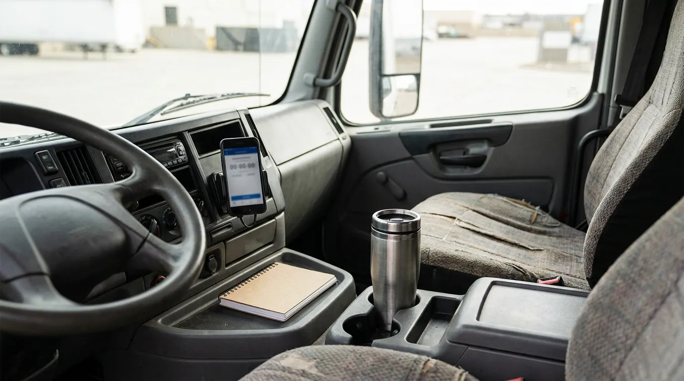 Truck Cab Hours Of Service Log Houston Texas commercial truck cab interior with mounted smartphone, notebook, and travel mug
