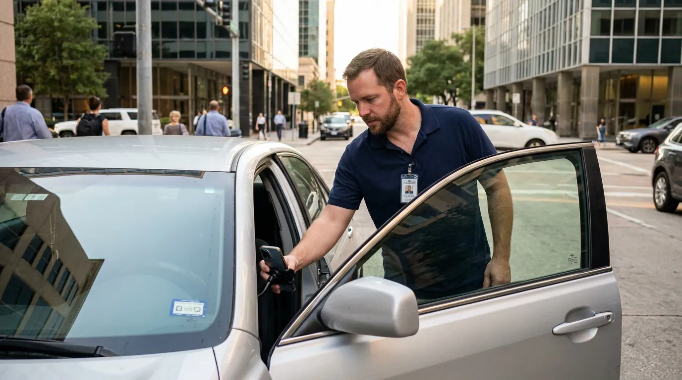 rideshare driver wearing ID badge entering vehicle on urban city street