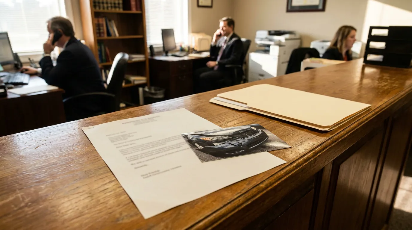 legal document with vehicle photo and case folder on law office desk