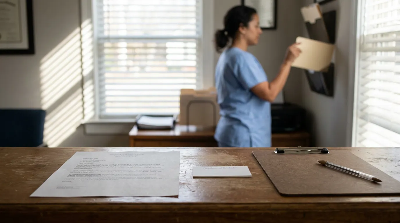 medical professional in scrubs retrieving folder near desk with appointment reminder card