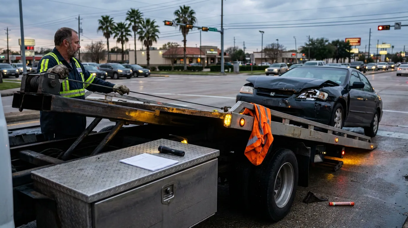 Houston Left Turn Accident Tow Truck Scene tow truck operator loading front-end damaged sedan onto flatbed at intersection