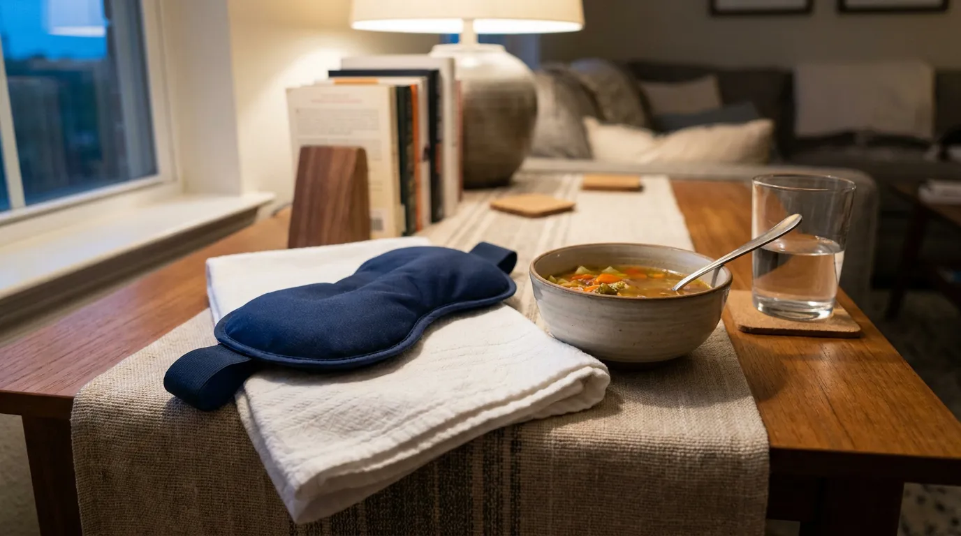Jaw Injury Recovery Setup After Houston Car Accident sleep mask on folded towel beside bowl of soup and glass of water on wooden table