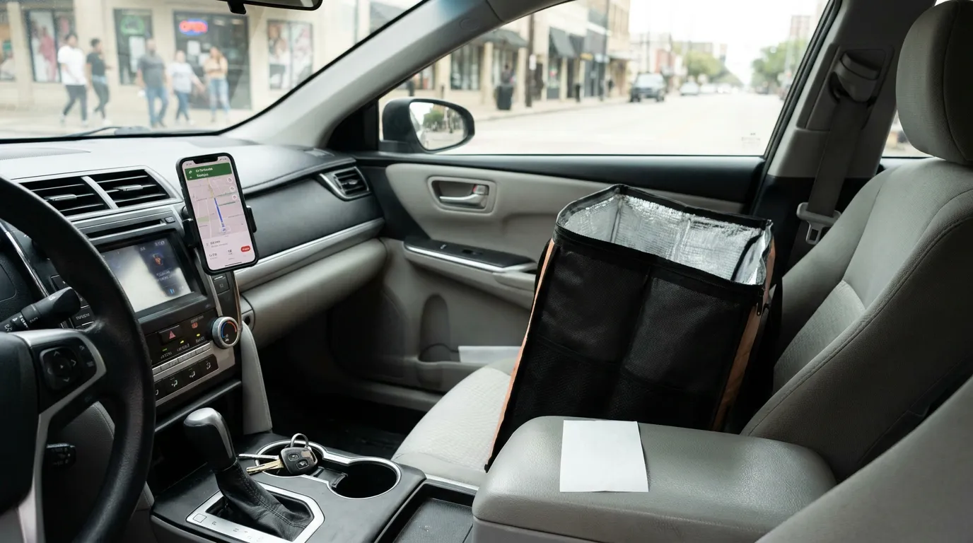 Uber Eats Active Delivery Car Interior Houston rideshare vehicle interior with mounted navigation phone and insulated delivery bag on passenger seat