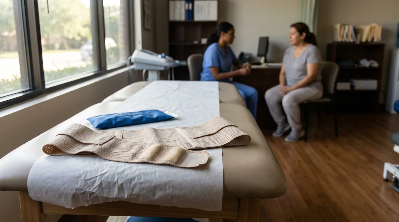 Houston Seat Belt Syndrome Patient Consultation orthopedic back brace and ice pack on medical examination table during patient consultation