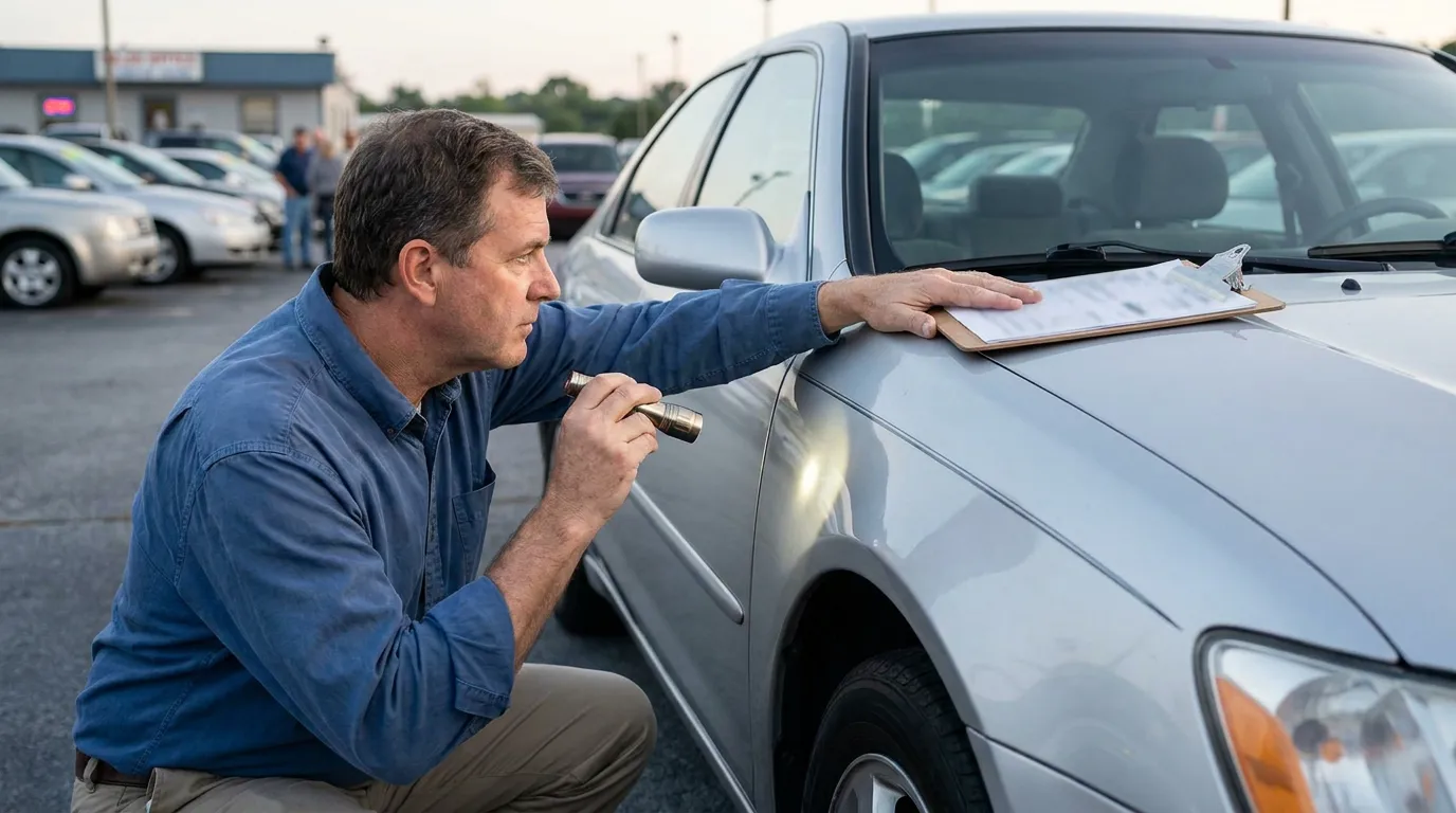 inspector using flashlight to examine vehicle damage with clipboard on hood