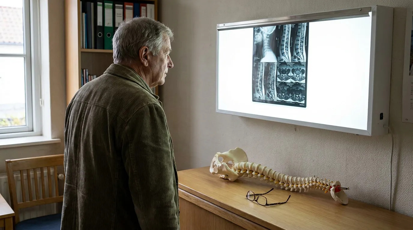 Houston Spinal Injury Xray Review With Attorney man examining spinal MRI scans on lightbox beside anatomical spine model