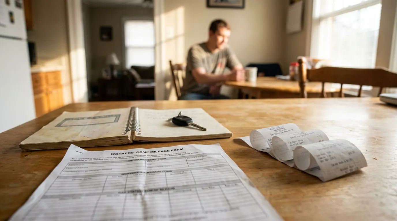 Atlanta Workers Comp Mileage Reimbursement Form And Receipts Workers' comp mileage form and receipts on table with man seated in background