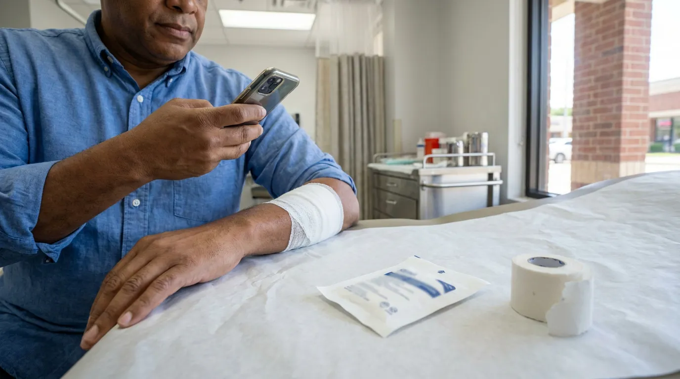 Houston Patient Photographing Bandaged Road Rash Wound injured man with bandaged wrist using smartphone in medical examination room