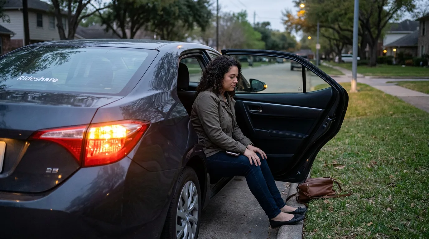 Houston Rideshare Passenger After Crash woman sitting on curb beside open door of rideshare vehicle with bag nearby