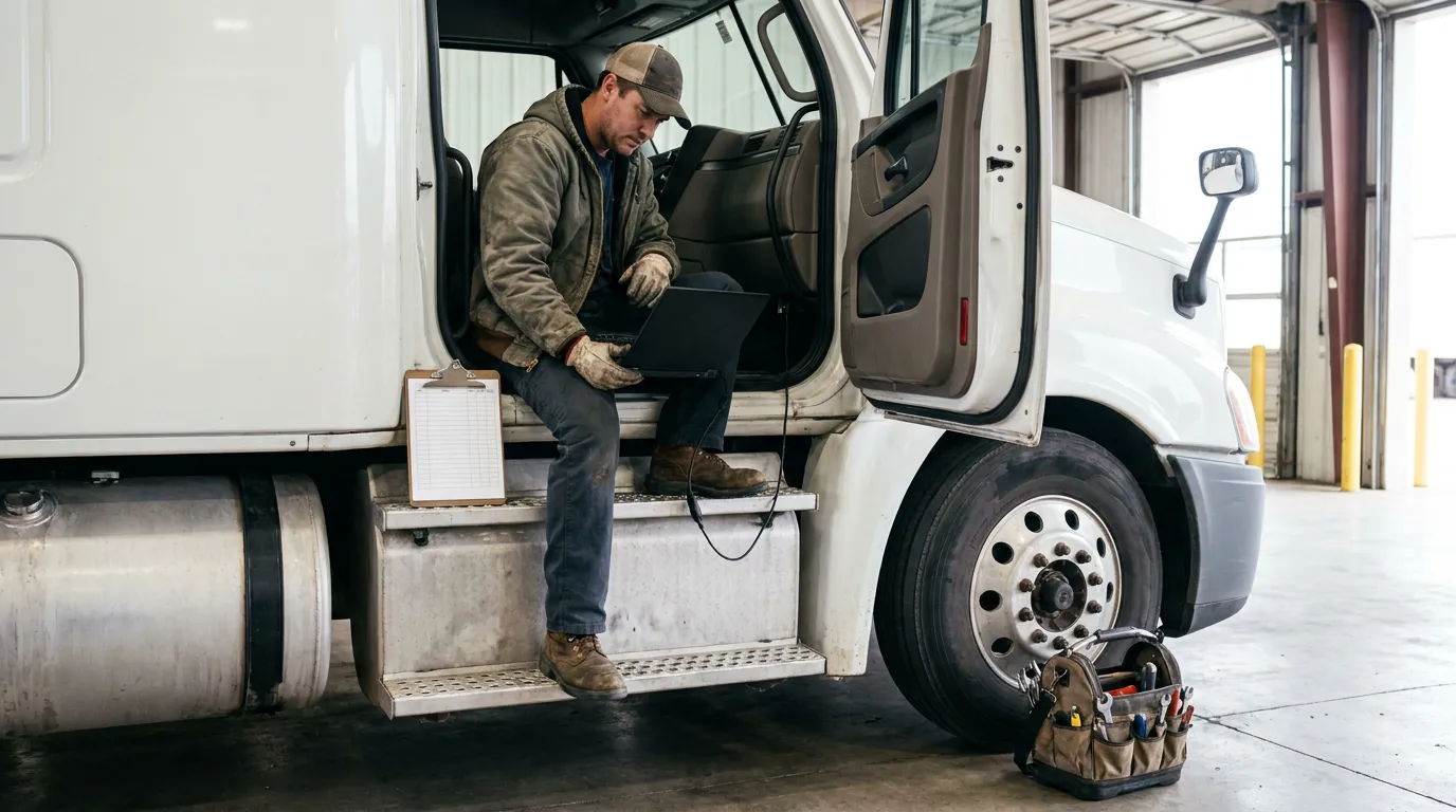 Truck Ecm Black Box Download Houston truck driver seated on semi-truck step using laptop with clipboard and tool bag nearby
