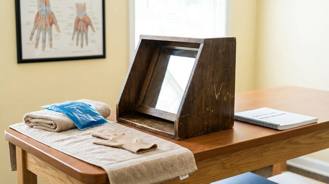 mirror therapy box with towel, compression glove, ice pack, and exercise log on treatment table